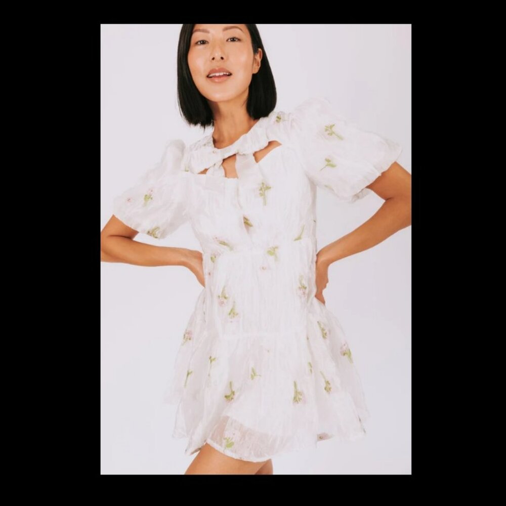 Rosie Posie White Floral Bow Mini Dress Sz L